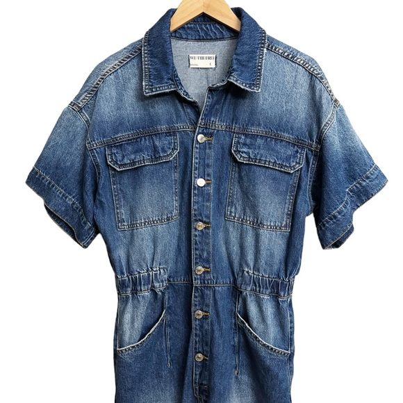 NWT Free People Marci Denim Coveralls Short Sleeve Jumpsuit High Noon - Picture 4 of 8